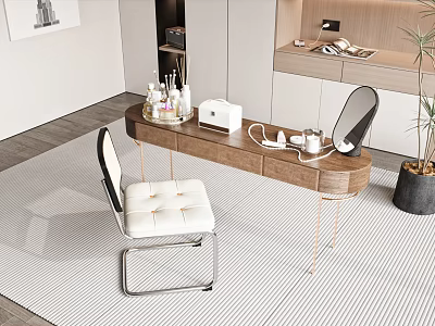 Modern Wooden Dressing Table With White Padded Chair Small Mirror Cosmetics And Indoor Plant 3d model