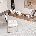 Modern Wooden Dressing Table With White Padded Chair Small Mirror Cosmetics And Indoor Plant