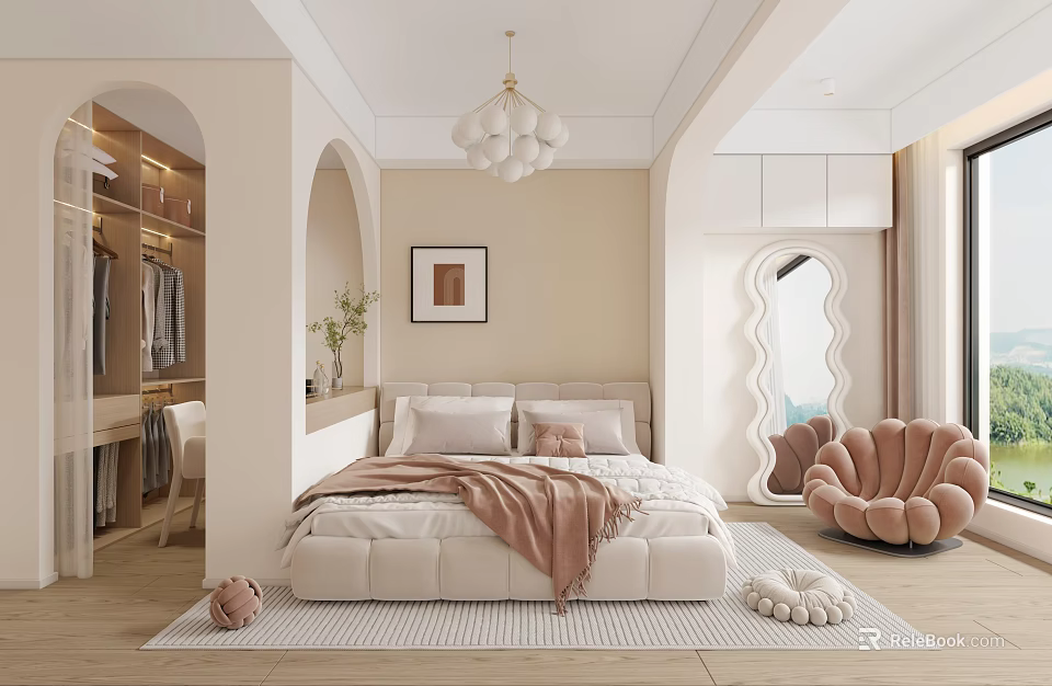 Modern Cozy Bedroom Interior With Plush Bed Chandelier Decorative Art Arched Mirror And Soft Chair 3d model 