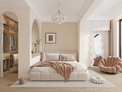 Modern Cozy Bedroom Interior With Plush Bed Chandelier Decorative Art Arched Mirror And Soft Chair 3d model