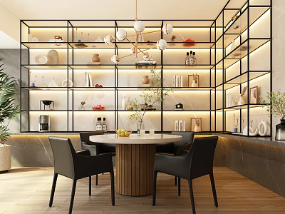 Modern Dining Table Set With Round Table Black Chairs Lit Shelves Books And Decorations 3d model