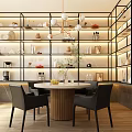 Modern Dining Table Set With Round Table Black Chairs Lit Shelves Books And Decorations