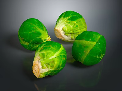 Fresh Green Brussels Sprouts Close Up On Reflective Dark Background 3d model