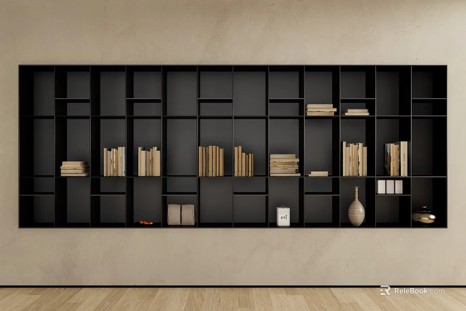 Modern Black Bookcase with Multiple Compartments Books Decorative Items Beige Wall and Wooden Floor 3d model 