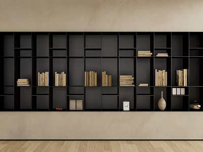 Modern Black Bookcase with Multiple Compartments Books Decorative Items Beige Wall and Wooden Floor 3d model