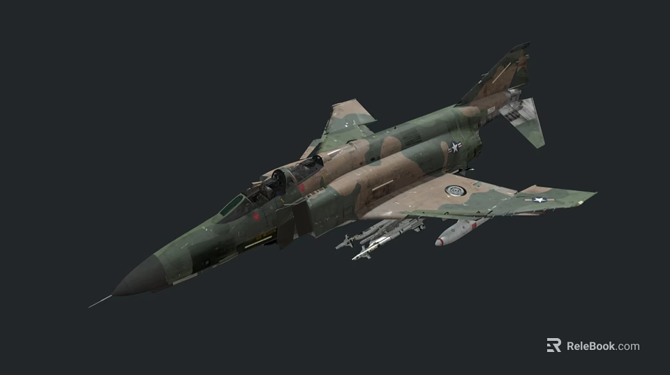 Military Fighter Jet with Camouflage Paint Weaponry and Cockpit Flying in Dark Background 3d model 