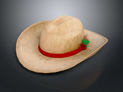 Classic Summer Straw Hat With Red Ribbon And Decorative Accent For Outdoor Wear 3d model