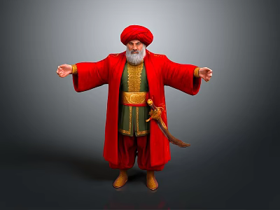 Man With Red Turban Red Robe White Beard And Gold Belt On Gray Background 3d model