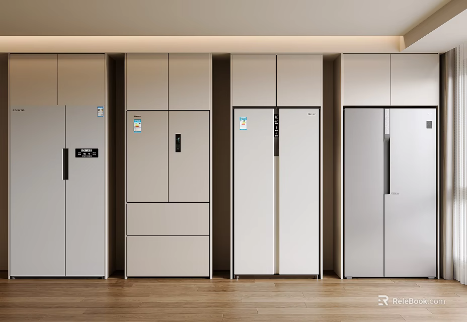 Modern Kitchen Storage With Sleek Side by Side Refrigerator Cabinets and Wooden Floor 3d model 