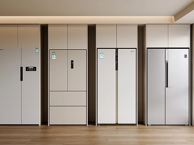 Modern Kitchen Storage With Sleek Side by Side Refrigerator Cabinets and Wooden Floor 3d model