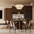 Modern Restaurant Interior With Round Dining Table Leather Seats Chairs Wooden Cabinets And Pendant Light