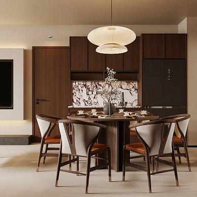 Modern Restaurant Interior With Round Dining Table Leather Seats Chairs Wooden Cabinets And Pendant Light 3d model