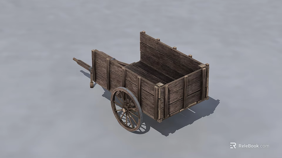 Vintage Wooden Cart With Large Wheel And Open Frame Structure 3d model 