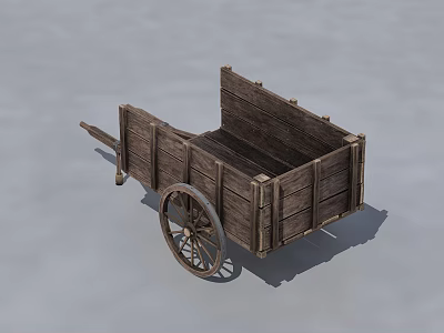 Vintage Wooden Cart With Large Wheel And Open Frame Structure 3d model