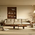 Cozy Living Room Interior Design With Beige Sofa Wooden Shelf Coffee Table And Green Plant