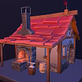 Cartoon Scene of Small House With Red Roof Chimney Small Flag Porch and Wooden Barrel