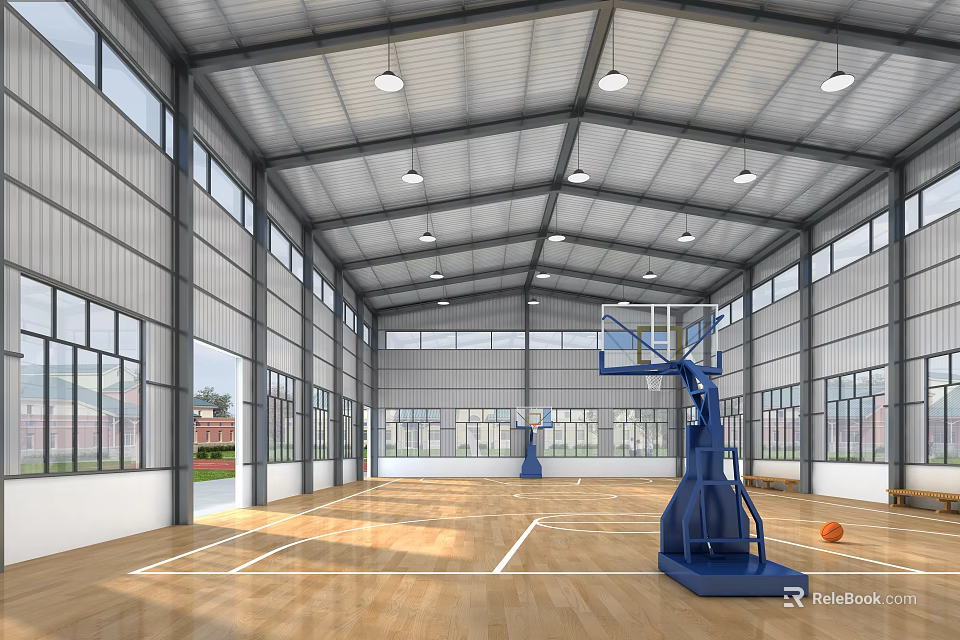 Indoor Basketball Gym With Wooden Floor Basketball Hoops And Large Windows 3d model 
