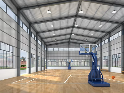 Indoor Basketball Gym With Wooden Floor Basketball Hoops And Large Windows 3d model