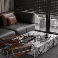 Modern Minimalist Dark Tone Open Living And Dining Room Interior With Premium Marble Furnishings