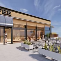 Modern Cafe Exterior With Glass Windows Outdoor Seating And Bright Atmosphere