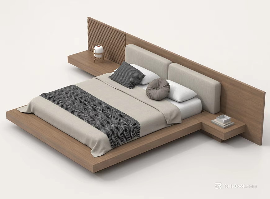 Modern Double Bed With Wooden Headboard Gray Bedding And Side Nightstands 3d model 