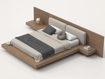 Modern Double Bed With Wooden Headboard Gray Bedding And Side Nightstands 3d model