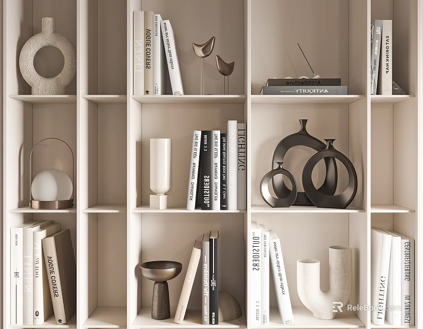 Modern Decorative Ornament Set With Books And Sculptures On Neutral Bookshelf 3d model 