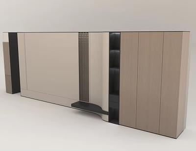 Modern Living Room Background Wall with Wooden Panels Black Accents and Sleek Storage Design 3d model
