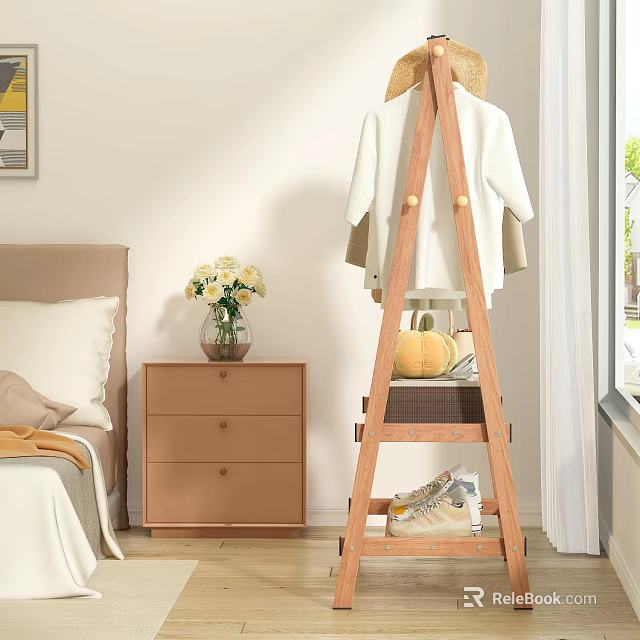 Wooden Clothes Rack in Bedroom with White Garment Shoes Basket Pumpkin and Nightstand Flower Vase 3d model 