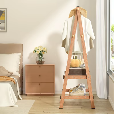Wooden Clothes Rack in Bedroom with White Garment Shoes Basket Pumpkin and Nightstand Flower Vase 3d model