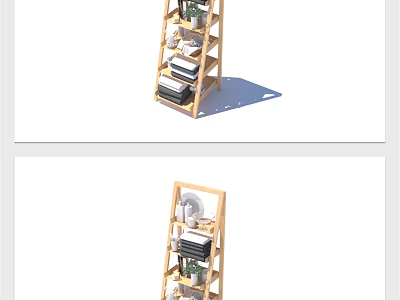 Elegant Bathroom Accessories Display on Wooden Shelf with Towels and Green Plants 3d model