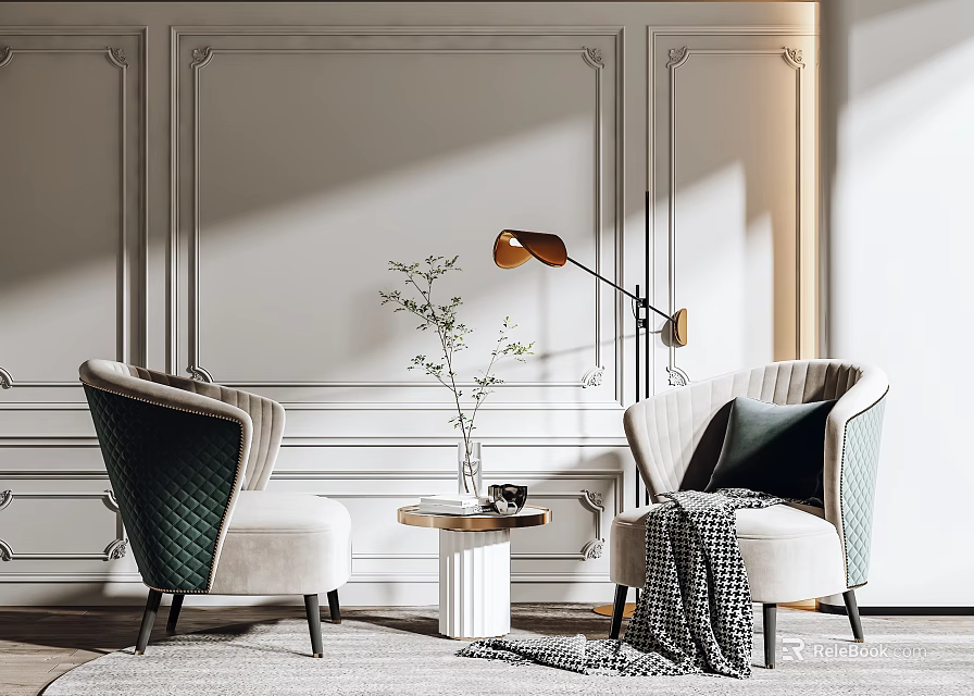 Leisure Sofa Set Green Beige with Throw Pillow Blanket Side Table Floor Lamp Decorative Wall 3d model 