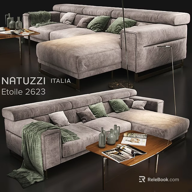 NATUZZI Italia Etoile 2623 Gray Fabric Sofa With Ottoman Green Cushions And Coffee Table 3d model 