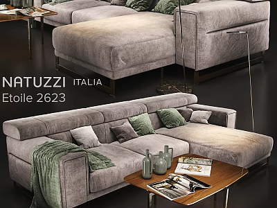 NATUZZI Italia Etoile 2623 Gray Fabric Sofa With Ottoman Green Cushions And Coffee Table 3d model