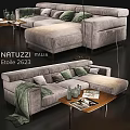 NATUZZI Italia Etoile 2623 Gray Fabric Sofa With Ottoman Green Cushions And Coffee Table