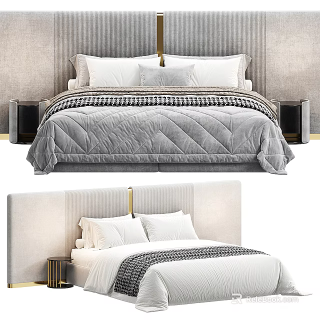 Modern Double Bed With Upholstered Headboard Decorative Pillows Striped Bed Runner And Gold Accents 3d model 