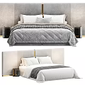 Modern Double Bed With Upholstered Headboard Decorative Pillows Striped Bed Runner And Gold Accents