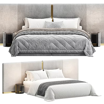 Modern Double Bed With Upholstered Headboard Decorative Pillows Striped Bed Runner And Gold Accents 3d model