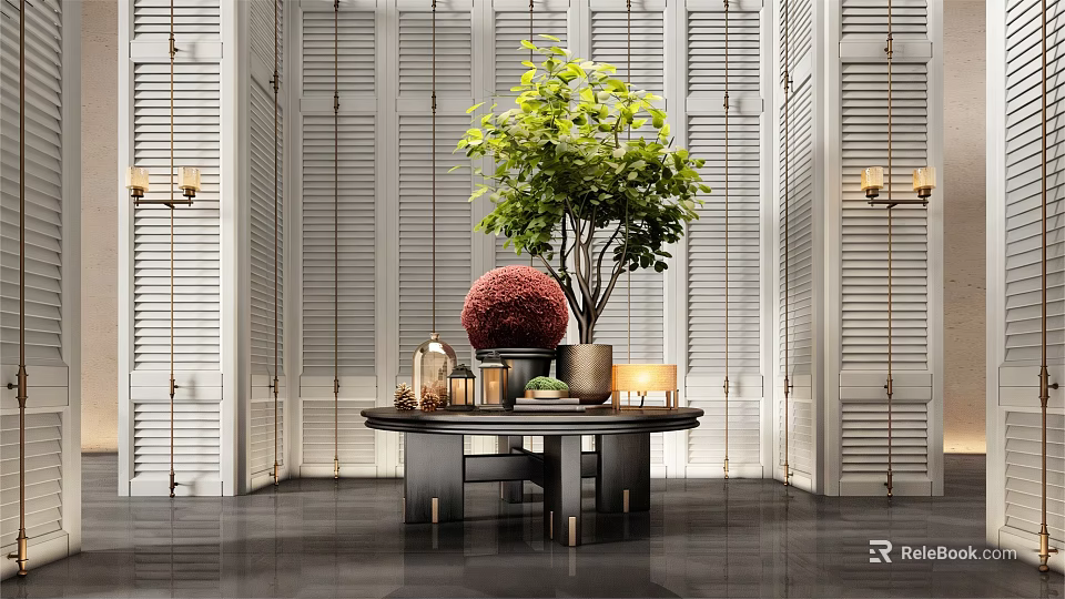 Modern Console Table With Green Plant And Decorative Items In Shutter Wall Space 3d model 