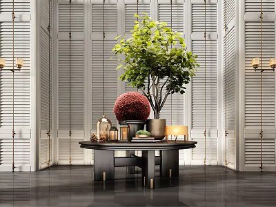 Modern Console Table With Green Plant And Decorative Items In Shutter Wall Space 3d model