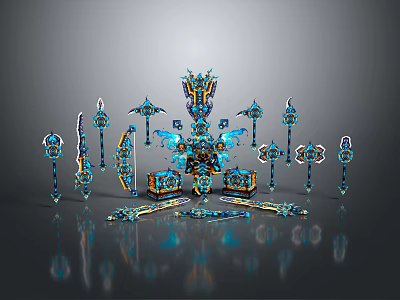 Ornate 3D Rendered Weapons in Blue and Gold with Swords Staves Axes and Various Designs 3d model