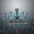 Ornate 3D Rendered Weapons in Blue and Gold with Swords Staves Axes and Various Designs
