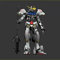 Game Movie Character Mech Warrior With Yellow Horn Blue White Gray Holding Spear Red Accents