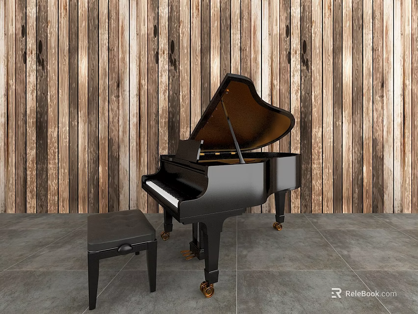 Black Grand Piano Musical Instrument With Piano Bench Wooden Wall Background Gray Tile Floor Setting 3d model 