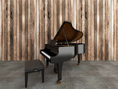 Black Grand Piano Musical Instrument With Piano Bench Wooden Wall Background Gray Tile Floor Setting 3d model