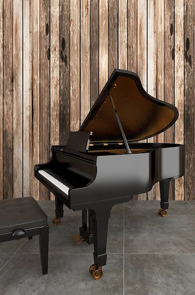 Black Grand Piano Musical Instrument With Piano Bench Wooden Wall Background Gray Tile Floor Setting 3d model