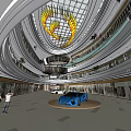Modern Shopping Mall Interior With Glass Dome Spiral Decoration And Orange Sports Car