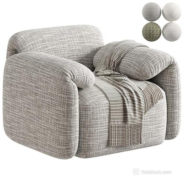 Light Gray Fabric Single Sofa With Plush Armrests And Striped Throw Blanket 3d model 