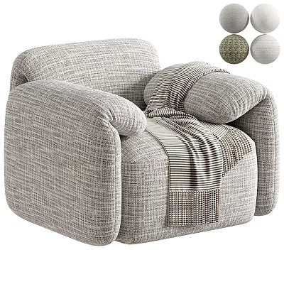 Light Gray Fabric Single Sofa With Plush Armrests And Striped Throw Blanket 3d model