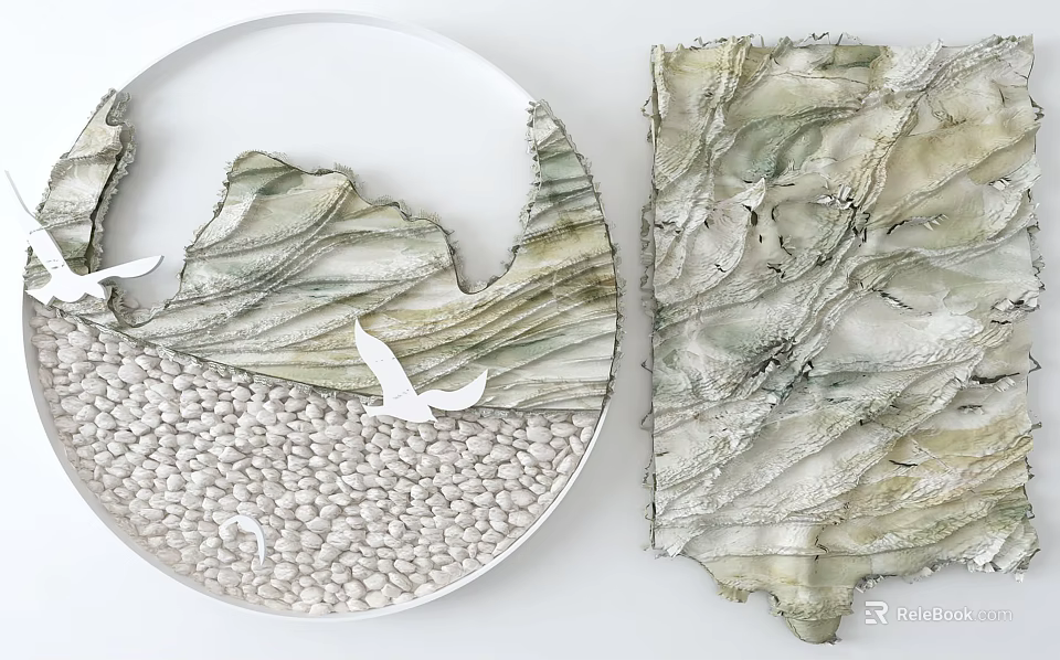Textured Round And Square Wall Decor With White Birds And Pebbles 3d model